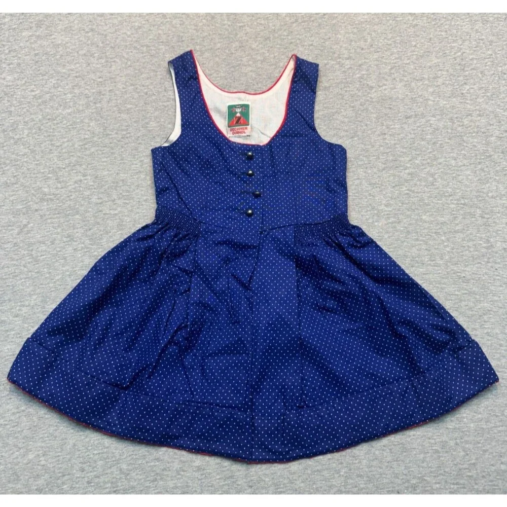 Vintage 1980s Zechner Dirndl Girls Dress Blue Polka Dot German Austrian 20